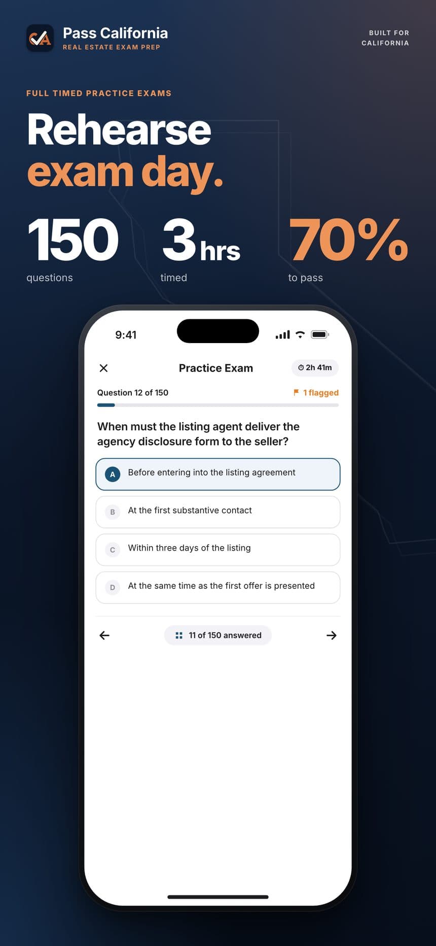 A timed practice exam in the app showing question 12 of 150 with the remaining time