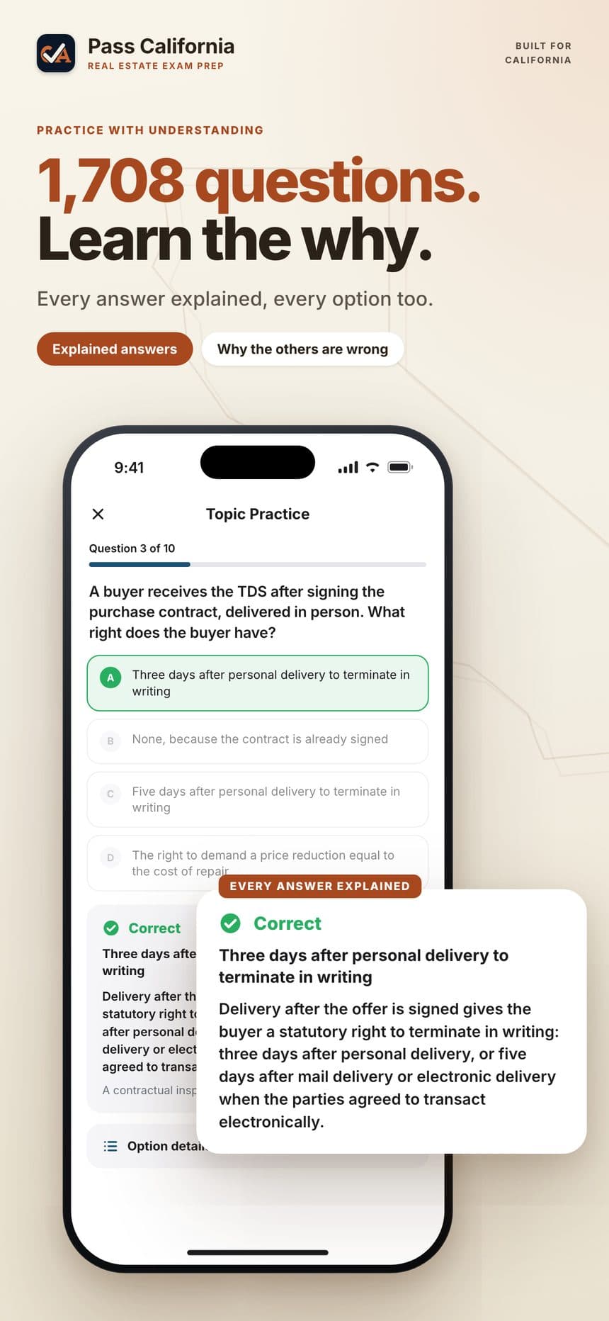 A practice question in the app with the correct answer explained, plus why the other options are wrong