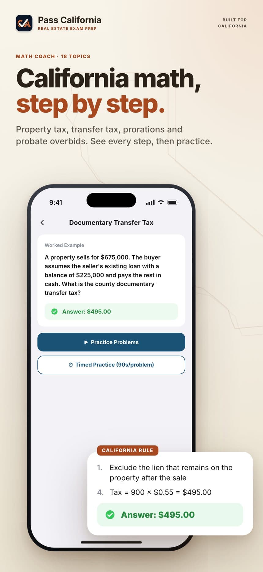The Math Coach in the app working through a documentary transfer tax problem step by step
