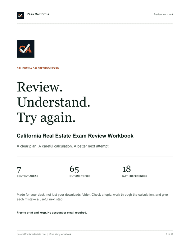 Cover of the Pass California workbook, with the CA checkmark logo and the words Review, Understand, Try again.